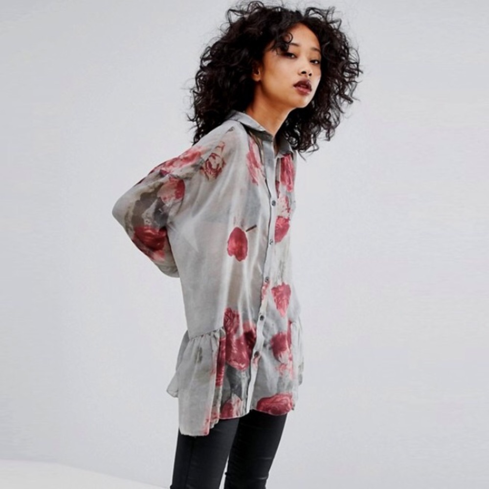 Religion Sheer Button Down Shirt in Floral Print
